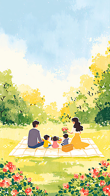 JPG 나무 꽃 행복 일러스트 가족 자연 놀이 날씨 웃음 풍경 잔디 햇빛 소풍 바구니 봄 모임 시간 편안함 즐거움 국내일러스트 AI일러스트 AI콘텐츠 식물 계절 감정 관계 표정 태양 야외활동 감각 생태계 파일형식