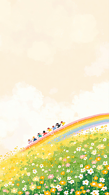 JPG 꽃 어린이 컬러 무지개 일러스트 자연 하늘 풍경 초원 야외 친구 맑음 봄 산책 유치원 미끄럼틀 놀이기구 승차 언덕 즐거움 놀기 국내일러스트 AI일러스트 AI콘텐츠 자연요소 식물 계절 교육 감정 관계 모션 날씨 휴식 사람 생태계 파일형식