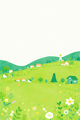 JPG 나무 꽃 백그라운드 일러스트 자연 하늘 주택 풍경 초원 초록색 여름 파란색 마을 봄 시골 언덕 조경 평야 목가 국내일러스트 식물 계절 컬러 건물 생태계 파일형식