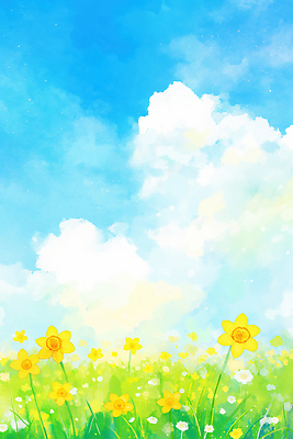 JPG 식물 예술 컬러 꽃밭 일러스트 자연 풍경 잔디 초원 여름 햇빛 봄 대기 신선 흰구름 꽃가루 수선화 뷰티풀 국내일러스트 AI일러스트 AI콘텐츠 계절 꽃 태양 가루 생태계 파일형식 구름_자연