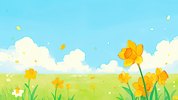 JPG 식물 꽃잎 꽃 컬러 일러스트 자연 하늘 날리기 바람 날씨 풍경 초원 초록색 봄 땅 수선화 국내일러스트 AI일러스트 AI콘텐츠 자연요소 계절 모션 생태계 파일형식