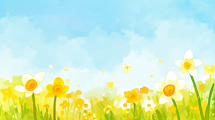 JPG 식물 꽃잎 꽃 꽃밭 일러스트 자연 하늘 풍경 잔디 초원 파란색 햇빛 노란색 봄 생태계 향기 수선화 멜로디 국내일러스트 계절 컬러 태양 냄새 파일형식