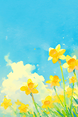 JPG 꽃 컬러 꽃밭 일러스트 자연 하늘 생명 풍경 초원 파란색 반짝임 햇빛 노란색 물감 봄 그림 장면 수선화 뷰티풀 국내일러스트 식물 계절 모션 태양 미술도구 생태계 파일형식