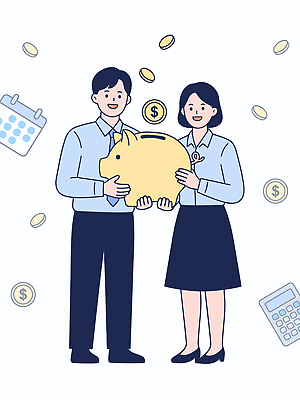 컨셉 돈 비즈니스 문구용품 사람 금융 경제 장비 저축 재산 파일형식 벡터 저금통 동전 재정 계획 남자 여자 달력 계산기 투자 협력 목표 관리 결과 AI파일 일러스트 국내일러스트 자산관리 금융자산관리