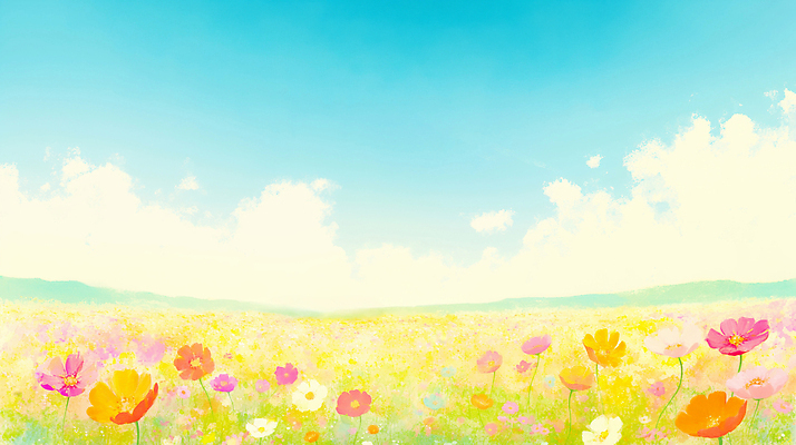 JPG 식물 꽃 분홍색 컬러 꽃밭 일러스트 자연 하늘 바람 날씨 바닥 풍경 초원 여름 파란색 햇빛 노란색 들꽃 칼날 국내일러스트 AI일러스트 AI콘텐츠 자연요소 계절 태양 생태계 파일형식
