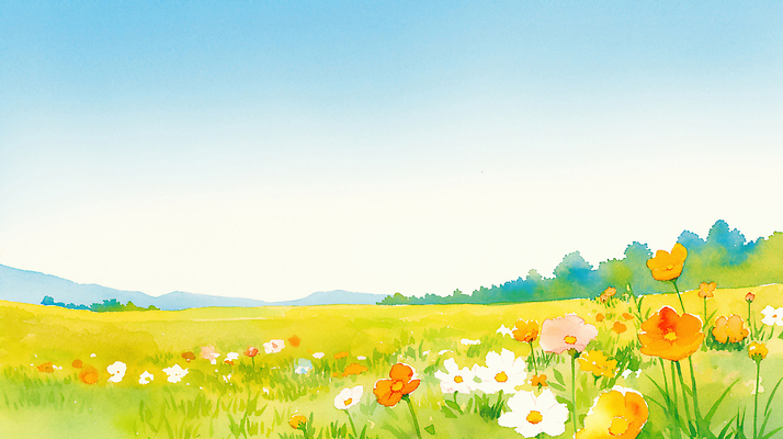 JPG 나무 식물 꽃 컬러 꽃밭 일러스트 자연 하늘 바람 날씨 산 건강 풍경 초원 여름 햇빛 소풍 봄 들꽃 국내일러스트 AI일러스트 AI콘텐츠 자연요소 계절 태양 야외활동 생태계 파일형식