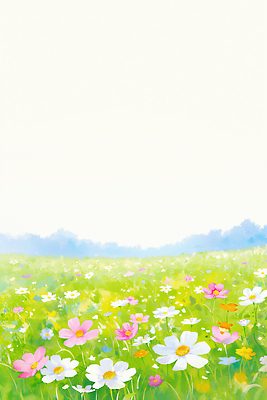 JPG 식물 꽃 분홍색 컬러 꽃밭 일러스트 자연 하늘 풍경 초원 여름 노란색 환경 보라색 들꽃 흰색 자주색 뷰티풀 싱그러움 국내일러스트 AI일러스트 AI콘텐츠 계절 생태계 파일형식