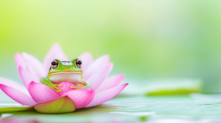 JPG 식물 동물 편집이미지 컬러 백그라운드 자연 생물 연꽃 개구리 물 여름 점프 연못 수중식물 연잎 생태계 편집실사 AI포토 AI콘텐츠 자연요소 계절 꽃 잎 모션 양서류 CG 파일형식