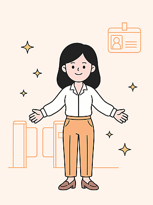 여자 일러스트 비즈니스 출입구 친절 직장 서기 사람 환경 인사 작업 공항 직원 환영 팔 통과 기관 무료 방문객 출입증 국내일러스트 AI파일 회사 교통시설 모션 신체부위 예절 카드 파일형식 벡터