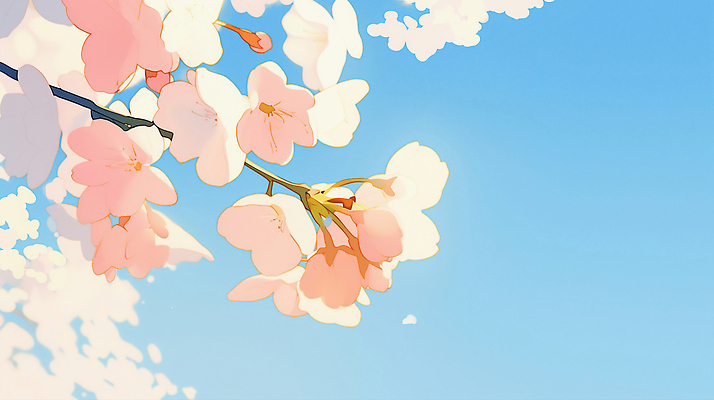 JPG 나무 꽃잎 꽃 감정 분홍색 컬러 일러스트 자연 하늘 생명 풍경 일상 파란색 햇빛 맑음 봄 벚꽃 국내일러스트 AI일러스트 AI콘텐츠 식물 계절 날씨 라이프 태양 생태계 파일형식