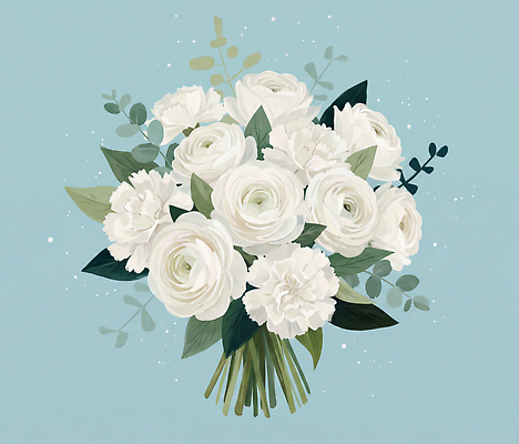 JPG 식물 디자인 꽃 예술 꽃다발 하늘색 백그라운드 잎 일러스트 자연 결혼식 선물 이벤트 장식 초록색 장미 흰색 카네이션 조화 뷰티풀 국내일러스트 AI일러스트 AI콘텐츠 컬러 결혼 파란색 생태계 파일형식