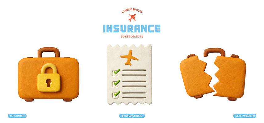 PSD 편집이미지 디자인 컬러 여행 비행기 장식 여행가방 안전장비 문서 고무 클레이아트 보험 체크리스트 스타일 편집3D 가방 항공교통 대중교통 안전 3D 장비 공예 점토 파일형식