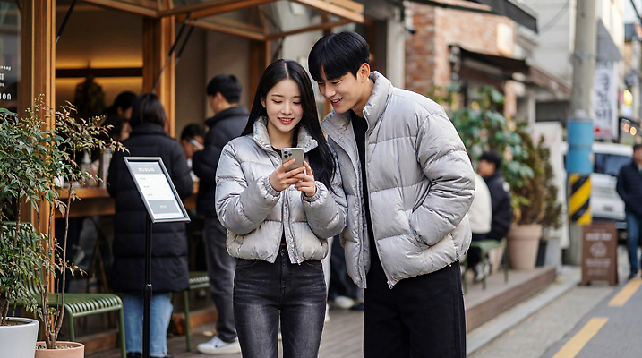 JPG 편집이미지 커플 옷 길 데이트 거리 대화 거리풍경 여러명 일상 친구 스마트폰 카페 즐거움 패딩 의료성형뷰티 편집실사 감정 다수 관계 말하기 사람 풍경 라이프 핸드폰 스마트기기 상점 점퍼 CG 파일형식