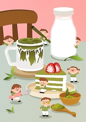 식기 감정 음식 가구 다수 컨셉 과일 모션 디저트 유제품 사람 차_음료 감각 라떼 파일형식 벡터 말차라떼 말차 케이크 우유 식사 탁자 포크 녹차 딸기 여러명 즐거움 맛 편안함 요리 먹기 마시기 일러스트 국내일러스트 AI파일 유행