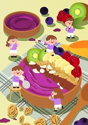 식기 감정 음료 음식 과일 모션 수저 견과류 파일형식 벡터 아사이볼 스무디 요리 즐거움 재료 바나나 딸기 블루베리 키위 아몬드 건강 크림 접시 숟가락 주방 컬러 만들기 일러스트 국내일러스트 AI파일 유행