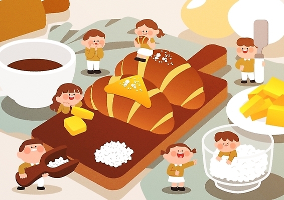 주간 감정 음식 빵 가구 컨셉 관계 모션 사람 파일형식 벡터 소금빵 어린이 탁자 놀기 재료 버터 설탕 디저트 친구 요리 주방 함께함 즐거움 아침 크루아상 식사 일러스트 국내일러스트 AI파일 유행