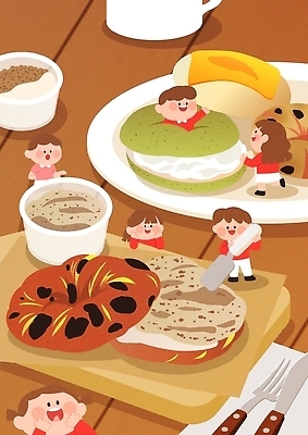 감정 아시아 음식 빵 가구 다수 컨셉 말하기 라이프 차_음료 맛 파일형식 벡터 베이글 디저트 사람 탁자 대화 즐거움 식사 녹차 크림 달콤 한국 다양 행복 일상 소통 일러스트 국내일러스트 AI파일 유행