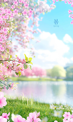 PSD 나무 편집이미지 꽃잎 꽃 호수 자연 하늘 밝음 풍경 물 봄 연못 차분 이미지편집 자연요소 식물 계절 컨셉 생태계 파일형식