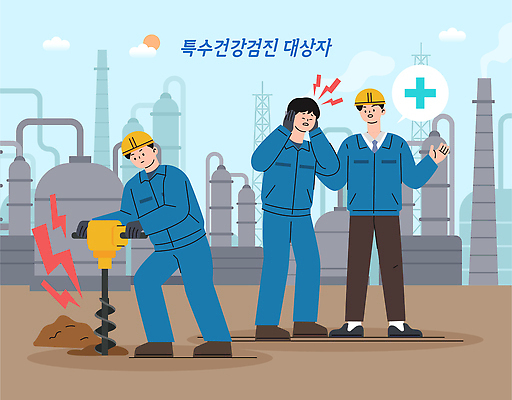산업 일러스트 회사 협력 노동자 건강 대화 안전 기계 진료 장비 도구 업무 작업장 기술자 제조 직원 체크표시 검사_조사 준비 건강검진 국내일러스트 AI파일 직업 비즈니스 의학 말하기 작업 확인 파일형식 벡터