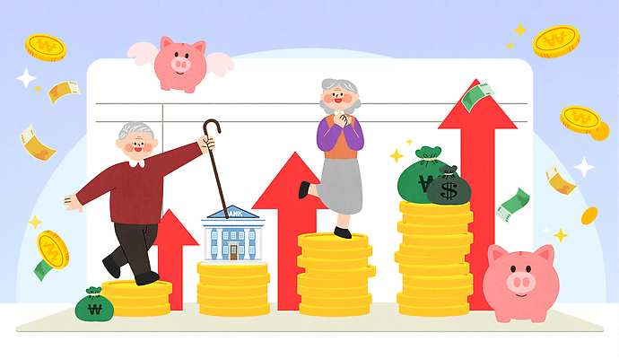 노년 돈 일러스트 모션 통계 지팡이 그래프 금융 경제 동전 저축 결과 기회 투자 상승 돈가방 재정 국내일러스트 AI파일 컨셉 가방 비즈니스 성인 재산 파일형식 벡터