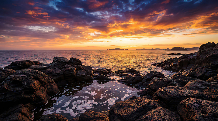 JPG 편집이미지 파도 바다 컬러 섬 자연 하늘 조명 풍경 해변 물 여름 일몰 편집실사 AI포토 AI콘텐츠 자연요소 계절 노을 CG 생태계 파일형식