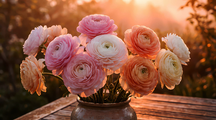 JPG 식물 편집이미지 꽃 컬러 탁자 생명 아침 밝음 장식 햇빛 정원 꽃병 화사함 조화 라넌큘러스 편집실사 AI포토 AI콘텐츠 주간 가구 컨셉 태양 CG 파일형식