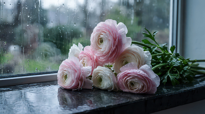 JPG 식물 편집이미지 계절 꽃 컬러 꽃다발 자연 실내 풍경 장식 물방울 창가 라넌큘러스 흐림 수경재배 편집실사 AI포토 AI콘텐츠 창문 날씨 내부 CG 생태계 파일형식