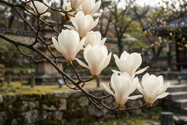 JPG 나무 편집이미지 전통 꽃 화초 잎 자연 한국 풍경 정원 봄 사원 역사 꽃봉오리 목련 편집실사 AI포토 AI콘텐츠 식물 계절 아시아 CG 생태계 파일형식