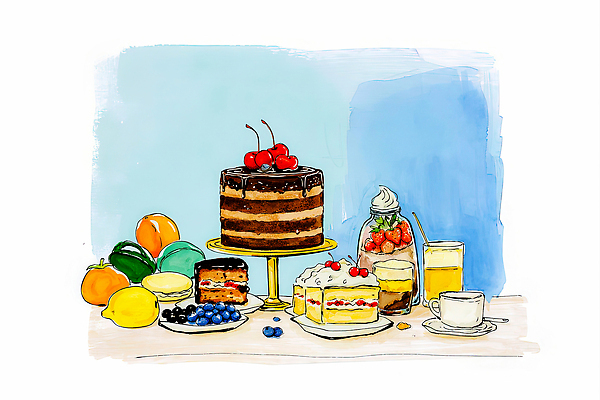 JPG 기념일 음료 과일 일러스트 탁자 딸기 디저트 장식 파티 케이크 초콜릿 생일 체리 사과 레몬 생크림 블루베리 레시피 과일샐러드 국내일러스트 AI일러스트 AI콘텐츠 음식 가구 이벤트 샐러드 크림 파일형식