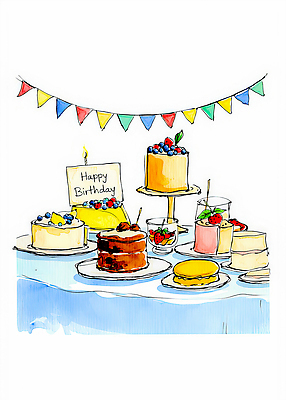 JPG 음료 과일 일러스트 가족 탁자 디저트 장식 친구 파티 케이크 축제 모임 축하 생일 크림 잔치 생일카드 국내일러스트 AI일러스트 AI콘텐츠 기념일 음식 가구 컨셉 관계 카드_감사 이벤트 파일형식