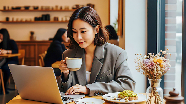 JPG 편집이미지 여자 여유 커피 음료 음식 사람 노트북 컴퓨터 디지털 카페 작업 집중 소통 의료성형뷰티 편집실사 AI인물포토 AI콘텐츠 감정 컨셉 전자제품 상점 CG 파일형식 AI포토