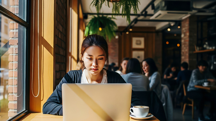 JPG 편집이미지 여자 커피 음료 조명 대화 사람 노트북 공간 카페 시간 작업 고객 집중 창가 친목 의료성형뷰티 편집실사 AI인물포토 AI콘텐츠 컨셉 창문 말하기 전자제품 상점 CG 파일형식 AI포토