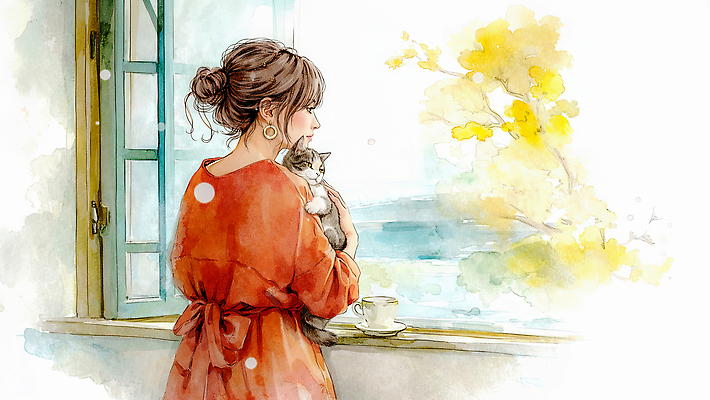 JPG 동물 응시 여자 감정 커피 일러스트 창문 안기 자연 주택 털 따뜻함 풍경 일상 여름 고양이 분위기 창가 국내일러스트 AI일러스트 AI콘텐츠 시선 계절 음료 컨셉 포유류 모션 사람 건물 라이프 반려동물 생태계 파일형식