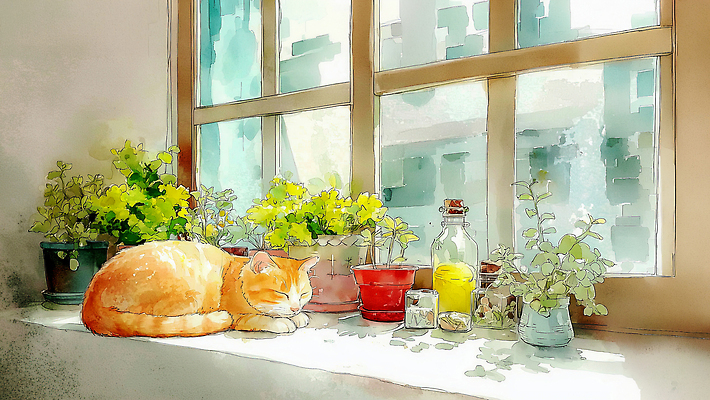 JPG 식물 동물 행복 화분 일러스트 창문 자연 주택 실내 일상 장식 햇빛 환경 고양이 잠 포근함 편안함 창가 조용 국내일러스트 AI일러스트 AI콘텐츠 감정 포유류 내부 건물 라이프 반려동물 태양 감각 생태계 파일형식