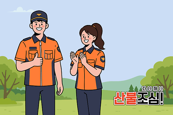 옷 여자 교육 남자 캠페인 일러스트 모션 자연 협력 웃음 안전 경사 환경 봉사 보호 숲 소방관 예방 산불 소통 국내일러스트 AI파일 컨셉 표정 사람 도움 구조원 소방 생태계 화재 파일형식 벡터