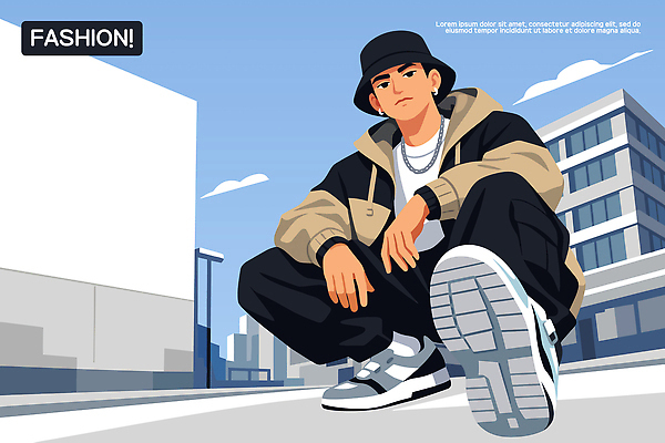 옷 패션 남자 포즈 운동화 신발 일러스트 목걸이 장신구 하늘 거리 건물 일상 유행 도시 자신감 모던 캡모자 스타일 국내일러스트 AI파일 모자_잡화 건축물 감정 사람 라이프 파일형식 벡터