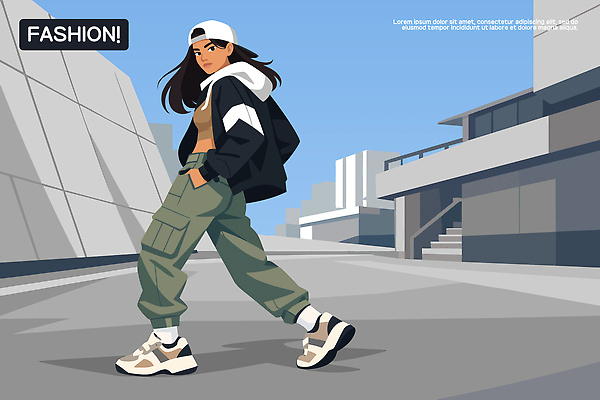 헤어스타일 옷 여자 패션 운동화 신발 일러스트 장신구 바지 모션 거리 사람 캐주얼 햇빛 유행 걷기 도시 스타일 스트리트패션 국내일러스트 AI파일 하의 태양 파일형식 벡터