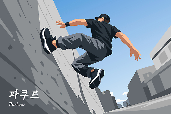 패션 남자 벽 스포츠 일러스트 모션 하늘 거리 건물 그래픽 운동 점프 자유 도시 속임수 스릴 액션 창의성 파쿠르 국내일러스트 AI파일 건축물 컨셉 건강 사람 파일형식 벡터