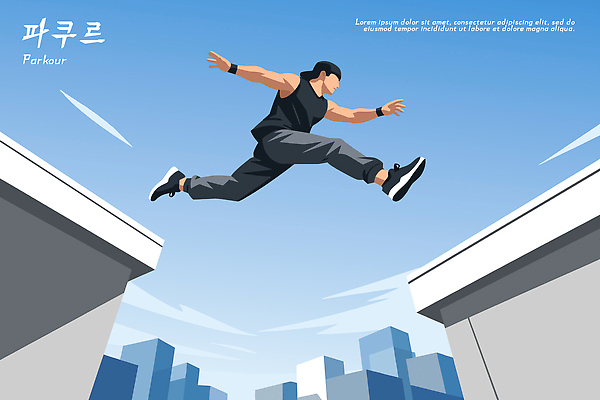 남자 스포츠 일러스트 모션 청소년 하늘 기술 건물 운동복 달리기 운동 점프 자유 도시 도심 장애물 체육 연습 파쿠르 국내일러스트 AI파일 건축물 옷 컨셉 건강 사람 파일형식 벡터