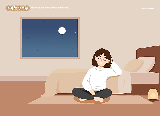 여자 일러스트 촛불 창문 휴식 조명 주택 방석 앉기 내부 치마 공간 방 달 마음 침대 편안함 명상 천장 힐링 국내일러스트 AI파일 자연요소 가구 컨셉 초 모션 하의 사람 건물 감각 파일형식 벡터