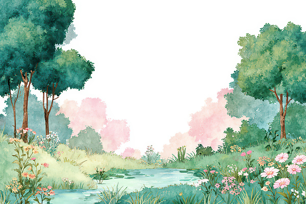 JPG 모양 나무 식물 꽃 컬러 일러스트 자연 생명 풍경 초원 여름 개울 수중식물 숲 그림 생태계 조경 국내일러스트 AI일러스트 AI콘텐츠 계절 강 파일형식