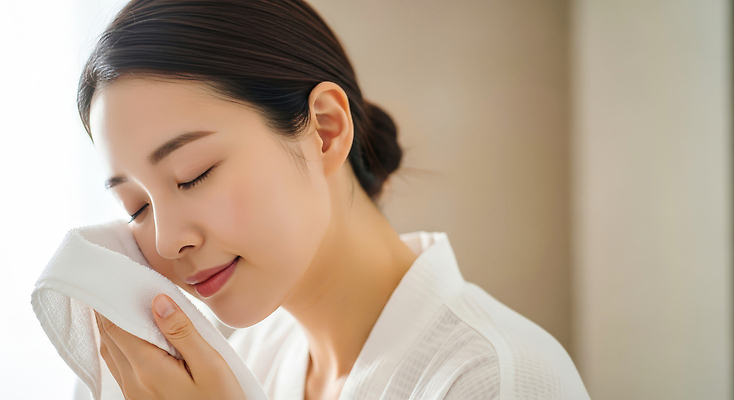 JPG 편집이미지 여자 얼굴 열대 관리 수건 화장 뷰티 목욕 방 세수 편안함 피부 피부관리 스킨케어 클렌징 바디케어 의료성형뷰티 편집실사 AI인물포토 AI콘텐츠 사람 신체부위 위생용품 청결 감각 CG 파일형식 AI포토