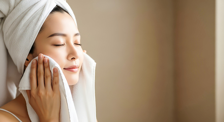 JPG 편집이미지 여자 얼굴 관리 수건 화장 뷰티 욕실 세수 상품 피부 일과 닦기 스킨케어 바디케어 의료성형뷰티 수분_꽃가루 편집실사 AI인물포토 AI콘텐츠 모션 사람 신체부위 위생용품 청결 CG 파일형식 AI포토