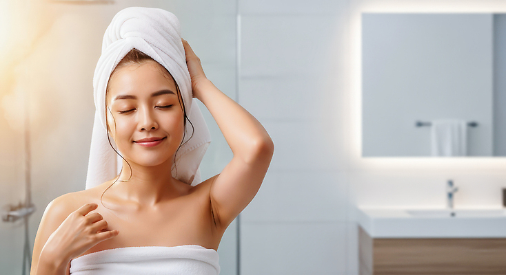 JPG 편집이미지 여자 감정 미소 일상 라이프 물 세트 수건 머리 청결 욕실 시간 바디케어 뷰티풀 의료성형뷰티 편집실사 AI인물포토 AI콘텐츠 자연요소 표정 사람 생활 신체부위 위생용품 위생 CG 파일형식 AI포토