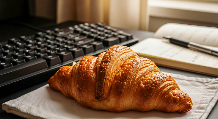 JPG 편집이미지 커피 음식 빵 아침 디저트 일상 햇빛 펜 공책 공간 키보드 작업 크루아상 책상 브런치 편집실사 AI포토 AI콘텐츠 주간 음료 가구 문구용품 라이프 태양 필기구 식사 CG 파일형식