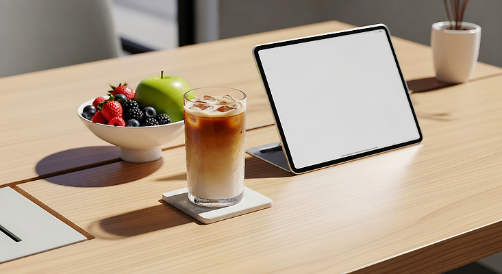 JPG 편집이미지 커피 음료 과일 일상 태블릿 사무실 사과 책상 블루베리 산딸기 베리 스무디 아이스아메리카노 오후 편집실사 AI포토 AI콘텐츠 가구 비즈니스 라이프 전자제품 스마트기기 CG 아메리카노 아이스커피 파일형식