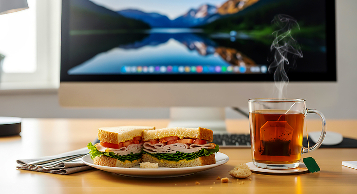 JPG 편집이미지 호수 음식 디저트 잔 산 샌드위치 풍경 컴퓨터 사무실 모니터 식사 작업 점심 편집실사 AI포토 AI콘텐츠 식기 비즈니스 전자제품 CG 파일형식