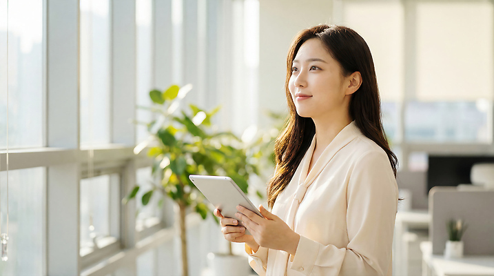 직업 여자 생활용품 컨셉 비즈니스 창문 사람 라이프 전자제품 스마트기기 태양 작업 직장인 CG 파일형식 AI포토 사무실 태블릿 창가 햇빛 가구 일상 업무 집중 사무원 풍경 편집이미지 편집실사 JPG 의료성형뷰티 비즈니스우먼 AI콘텐츠 AI인물포토