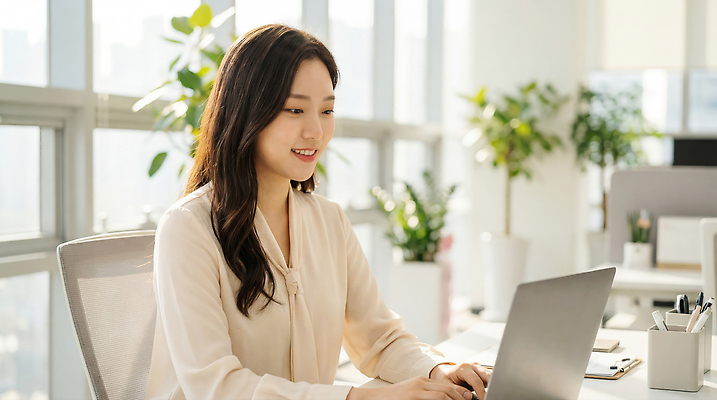 여자 컨셉 비즈니스 사람 전자제품 업무 작업 직장인 CG 파일형식 AI포토 사무실 컴퓨터 창문 빛 식물 사무 노트북 집중 편집이미지 편집실사 JPG 의료성형뷰티 비즈니스우먼 AI콘텐츠 AI인물포토