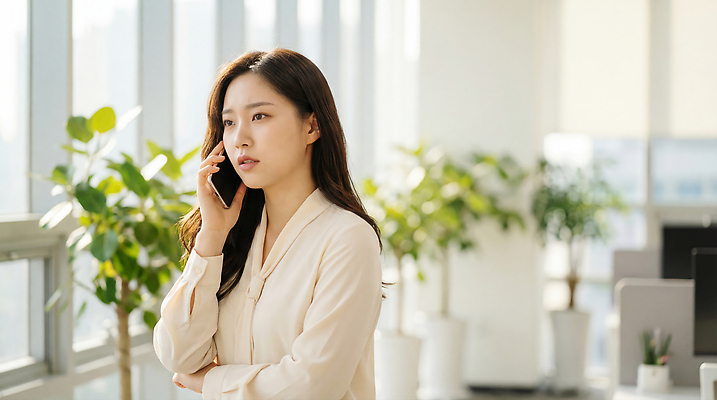 여자 컨셉 비즈니스 모션 말하기 사람 직장인 CG 파일형식 AI포토 통화 사무실 식물 창문 빛 환경 대화 옷 방법 집중 편집이미지 편집실사 JPG 의료성형뷰티 비즈니스우먼 AI콘텐츠 AI인물포토